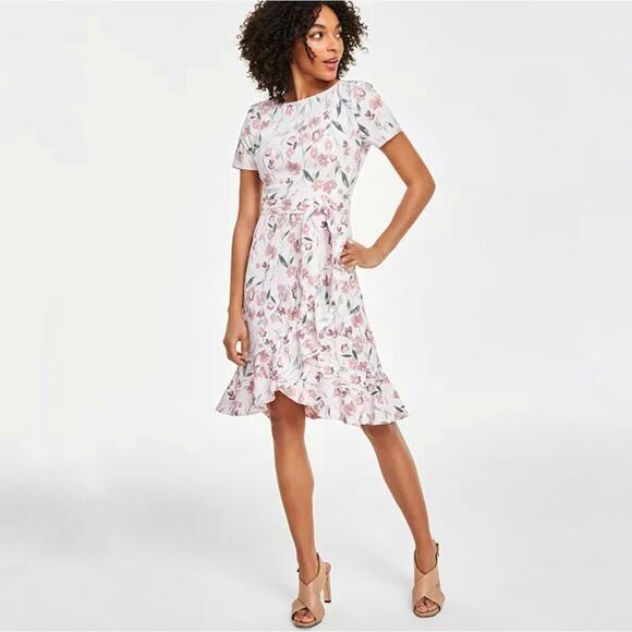 Calvin Klein Women's Short Sleeve Ruffle Hem Tie Belted Dress Pink Size 10 - Picture 1 of 11